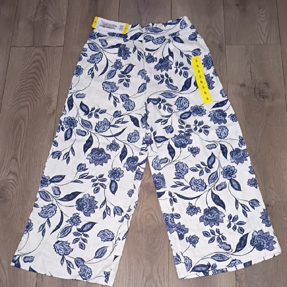 Ella Moss Navy and Cream Floral Wide Leg Pants